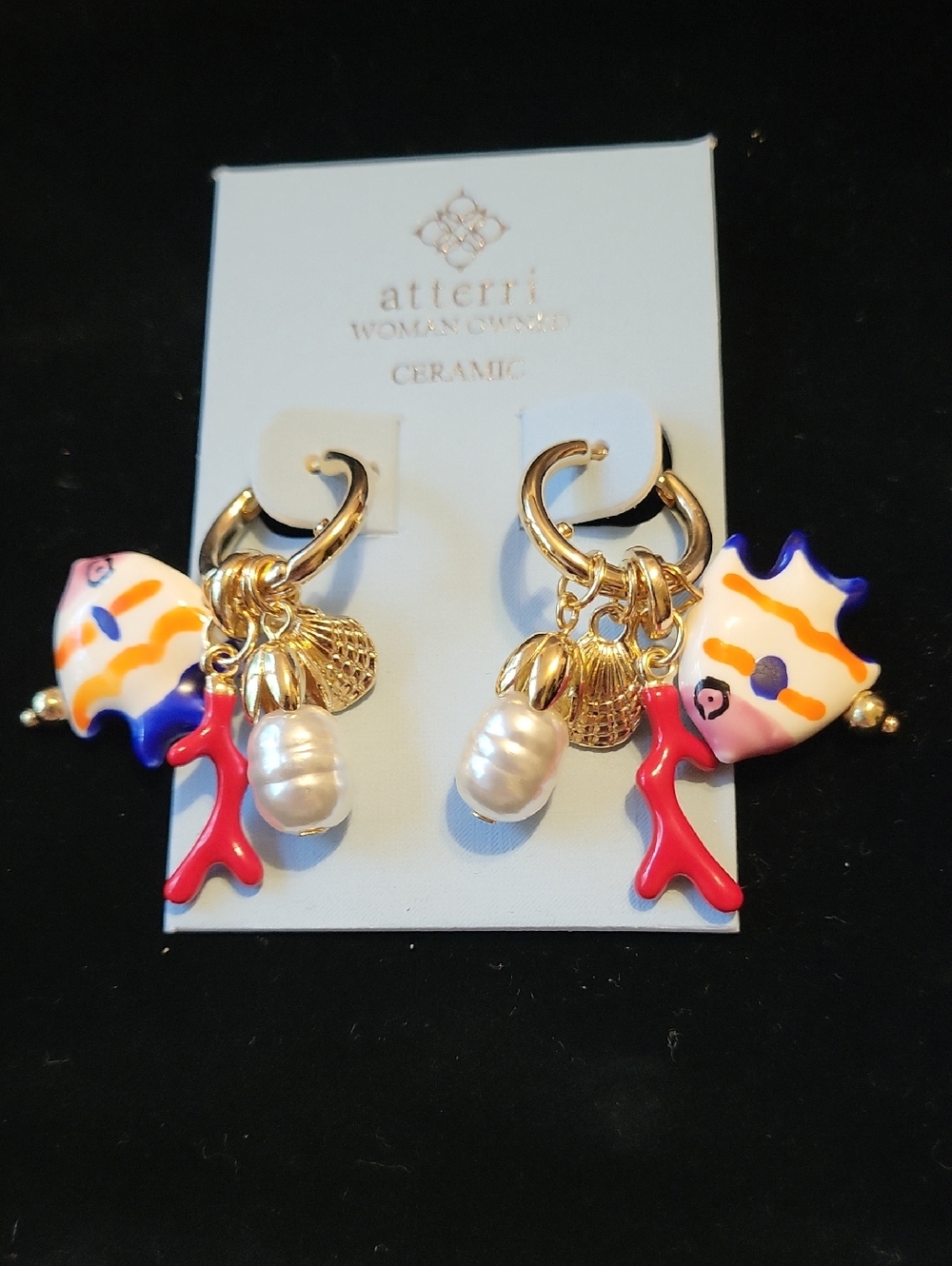 atterri Ceramic Fish Coral Gold Hoop Earrings Pearl Sea Charms Scallop